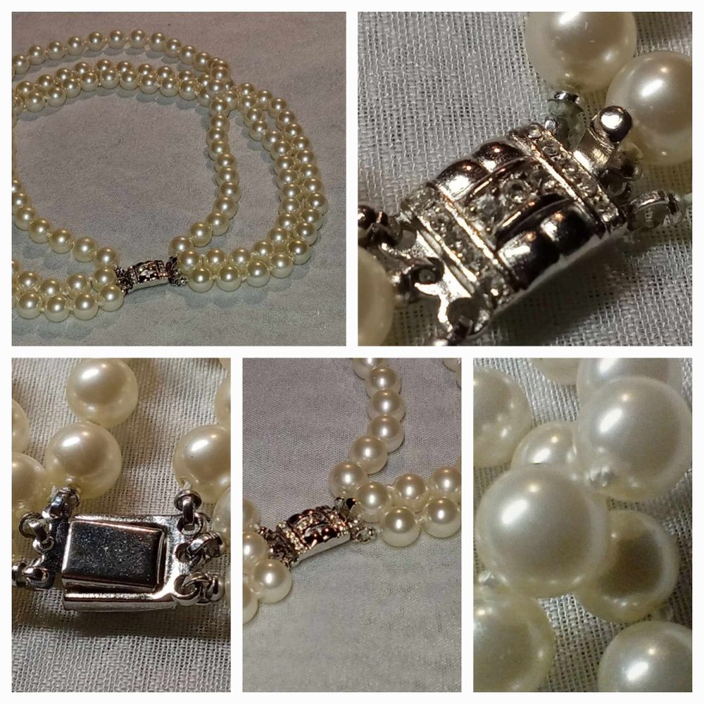 JBK Triple Strand Simulated Pearl Necklace Original Logo Box Camrose & Kross